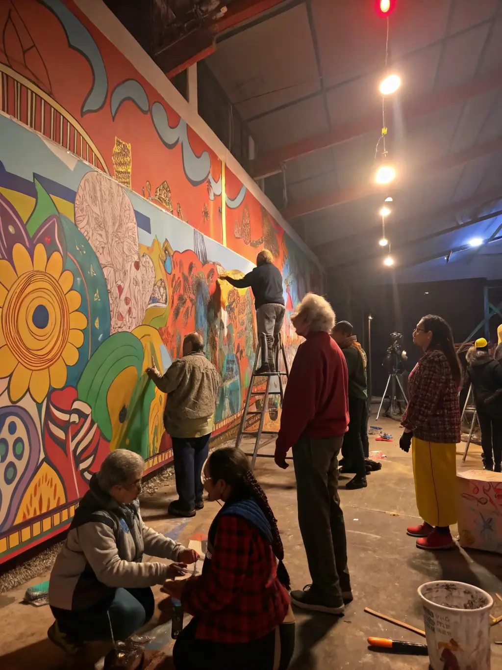 A vibrant photograph capturing participants engaged in a community art workshop, showcasing diverse age groups and artistic expressions, set against a backdrop of a rural French village.