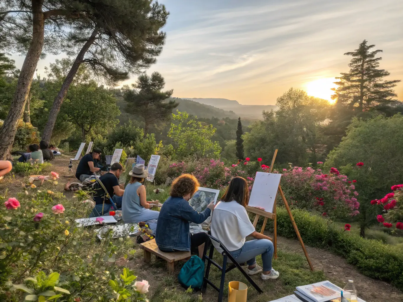 A group of people participating in an outdoor art workshop, painting landscapes under the guidance of an instructor. The image should highlight the therapeutic benefits of art, community interaction, and the beauty of the natural surroundings.