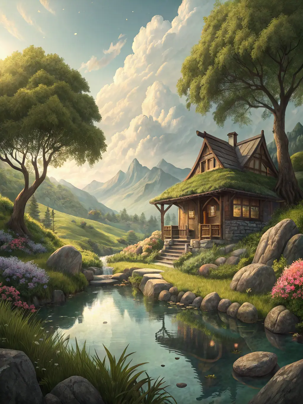 A serene landscape featuring an artist's retreat nestled in the French countryside, with easels and musical instruments visible, suggesting a peaceful and creative environment.