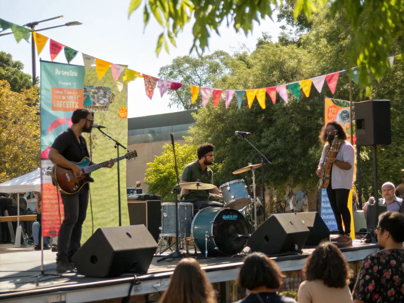 A vibrant photograph capturing a live musical performance at a SAVALAURE event, showcasing musicians on stage with an enthusiastic audience in a rural setting. The image should convey energy, community engagement, and the joy of live music.