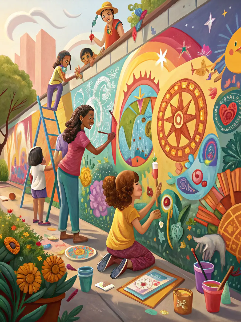 A vibrant scene from a community art workshop, showing participants of all ages engaged in painting and crafting, with colorful artworks on display.