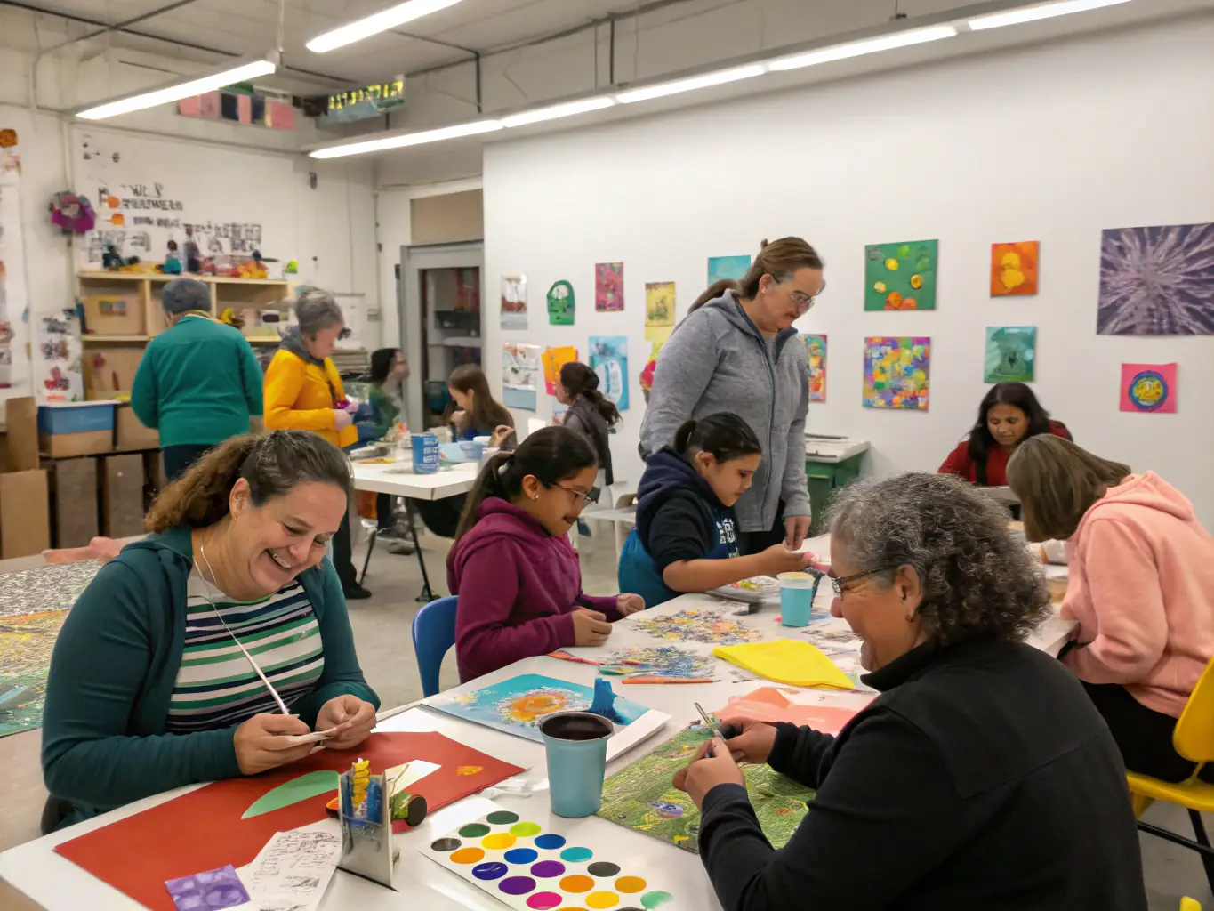 A photograph capturing participants of all ages engaged in a community art workshop, highlighting the joy and creativity fostered by SAVALAURE's programs.