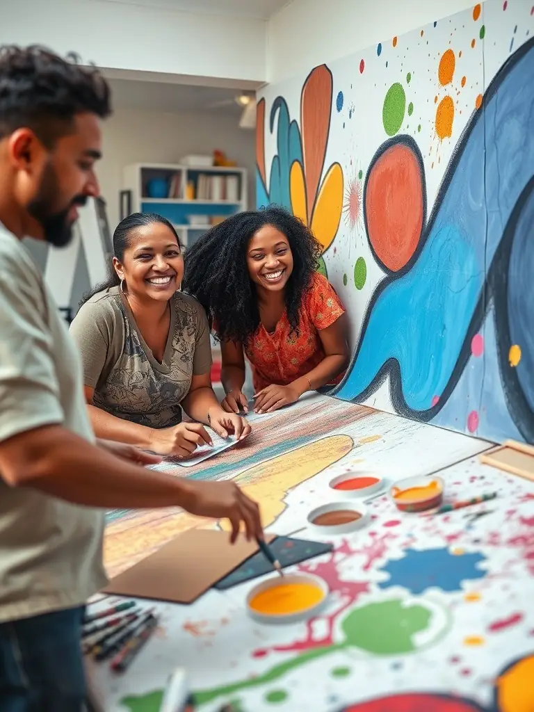 A diverse group of people participating in a collaborative art project outdoors, smiling and engaged, representing community engagement and shared creativity at a SAVALAURE event.