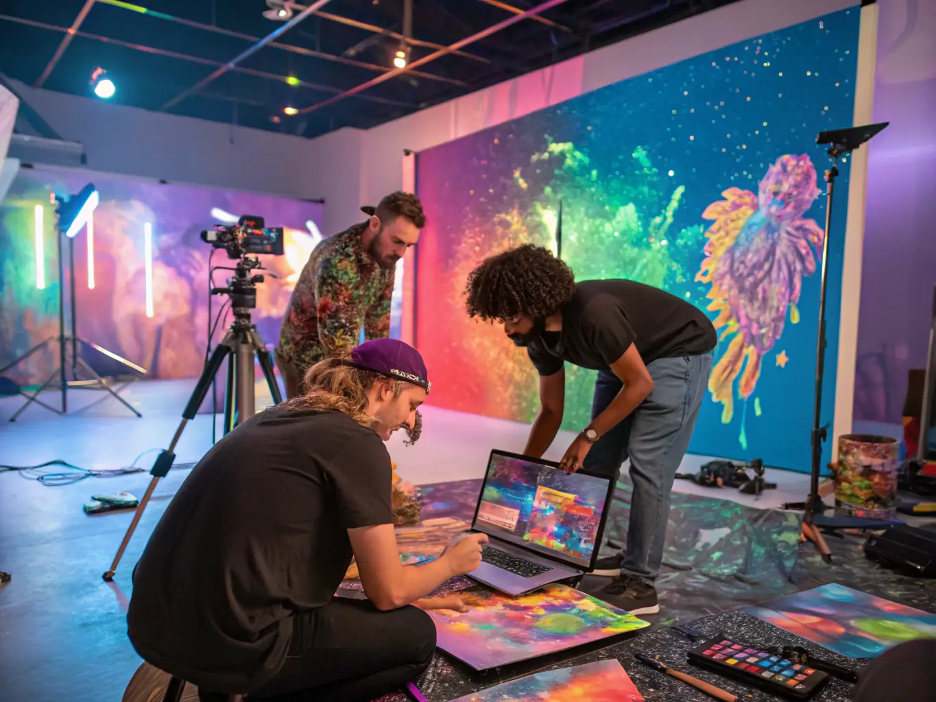 A vibrant image of artists collaborating during a SAVALAURE residency program in a rural setting, showcasing the creative process and community interaction.