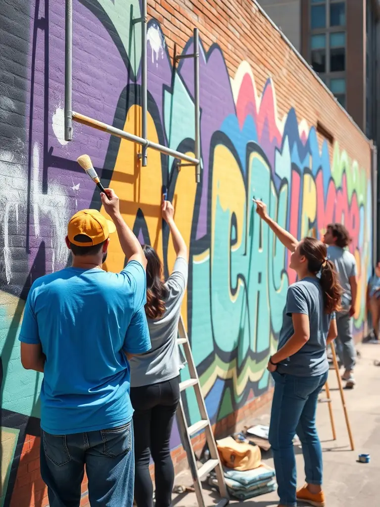 A group of artists and community members collaborating on a large-scale mural project, demonstrating the power of art to transform public spaces.