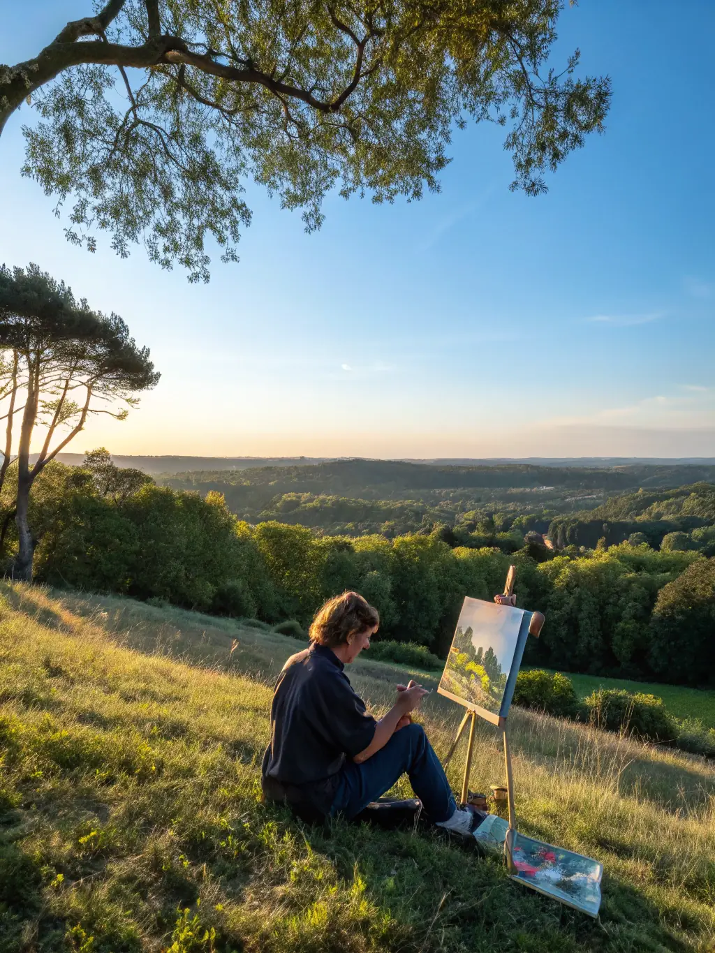 A serene natural landscape with an artist sketching in the foreground, capturing the essence of well-being and artistic inspiration in a rural setting offered by SAVALAURE.