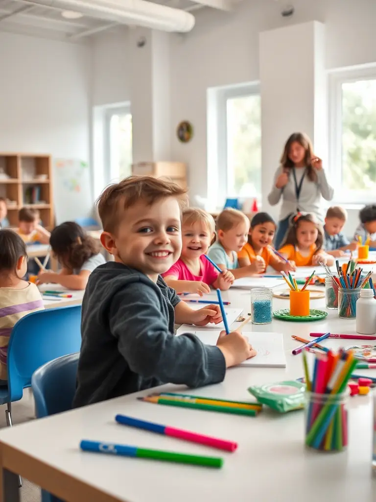 A colorful photograph of children participating in an art therapy session, guided by an instructor, highlighting the therapeutic benefits of art and SAVALAURE's commitment to health and well-being.
