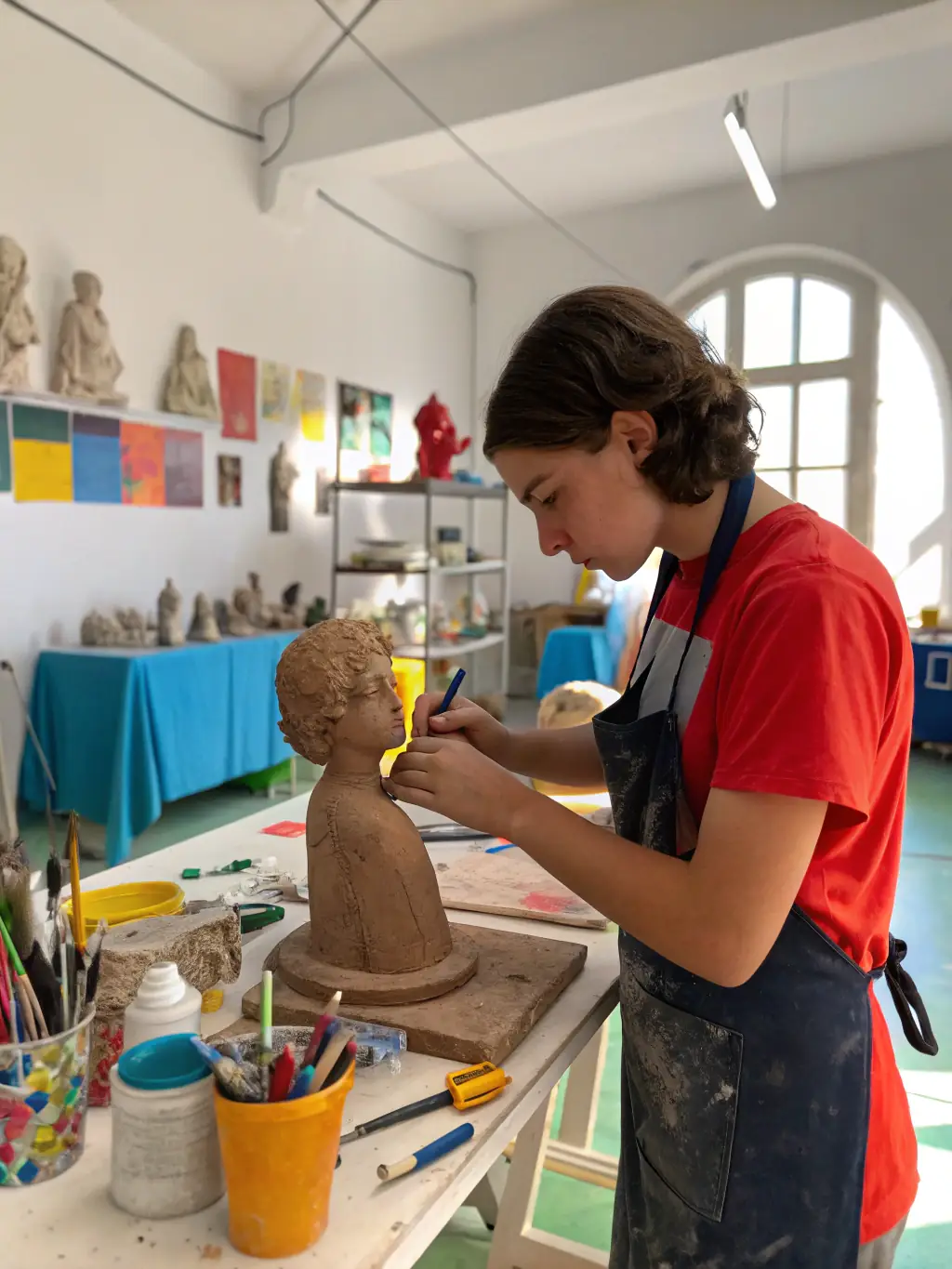A serene image of an artist working on a sculpture during an artist residency, with rolling hills and a traditional French farmhouse in the background, emphasizing the peaceful and inspiring environment.