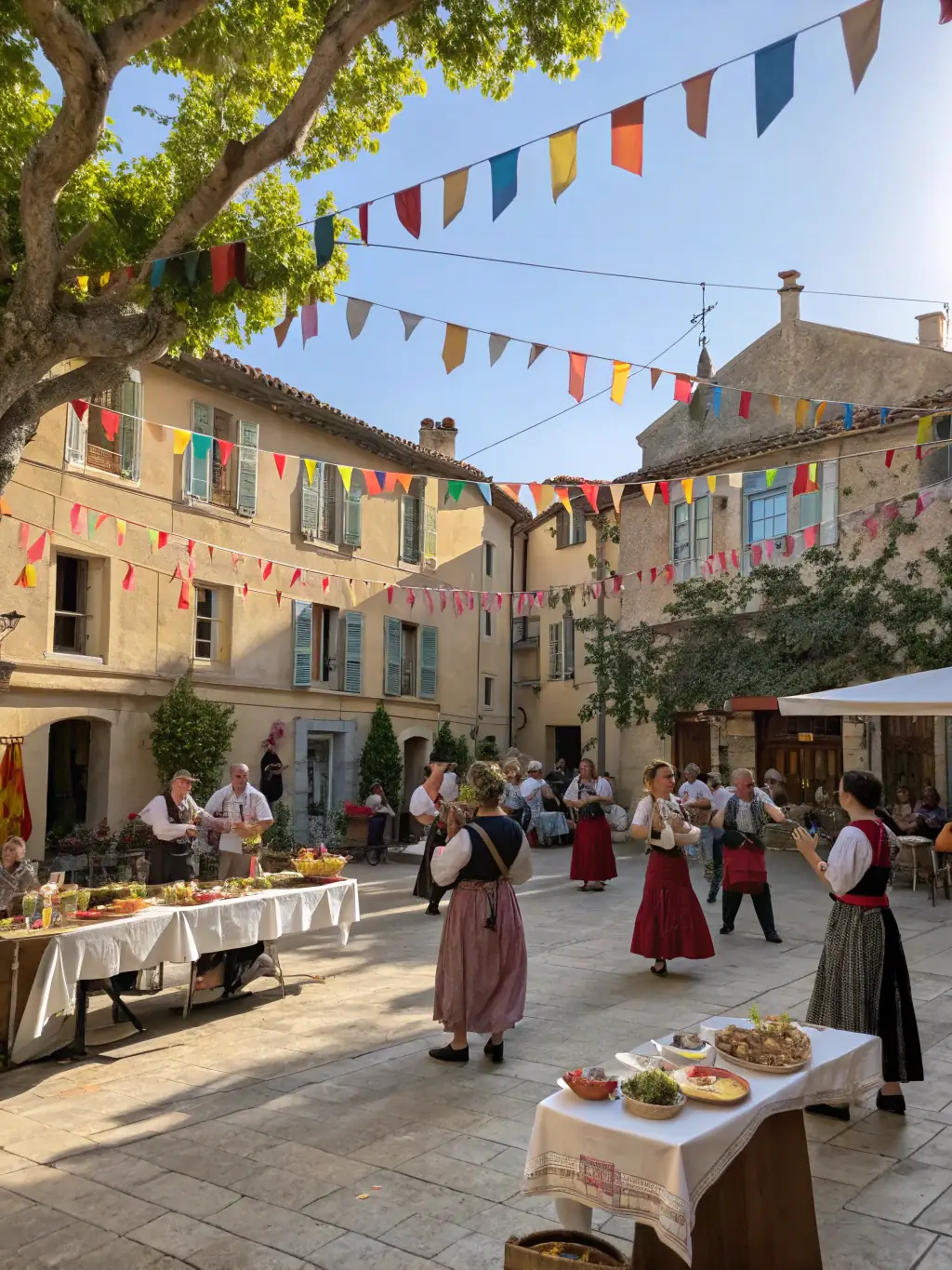 A dynamic shot of a musical performance in a village square, featuring local musicians and enthusiastic audience members, capturing the energy and community spirit of SAVALAURE's events.