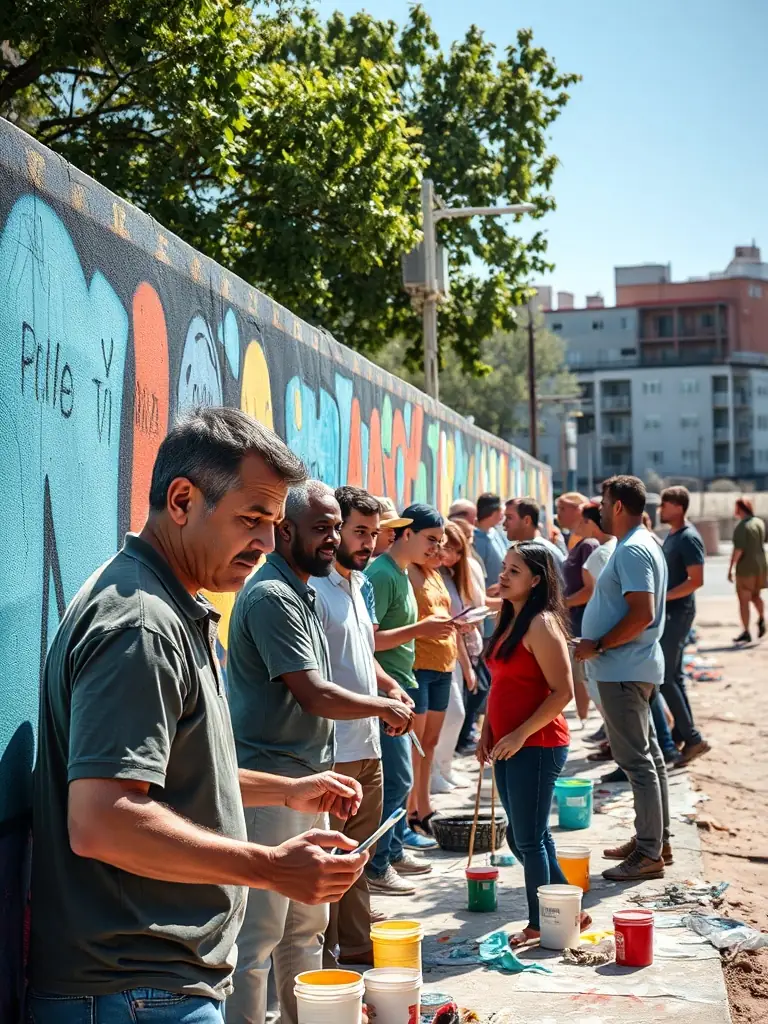 A vibrant scene of a community art workshop, with participants of all ages working together on a mural, symbolizing social cohesion and artistic expression facilitated by SAVALAURE.