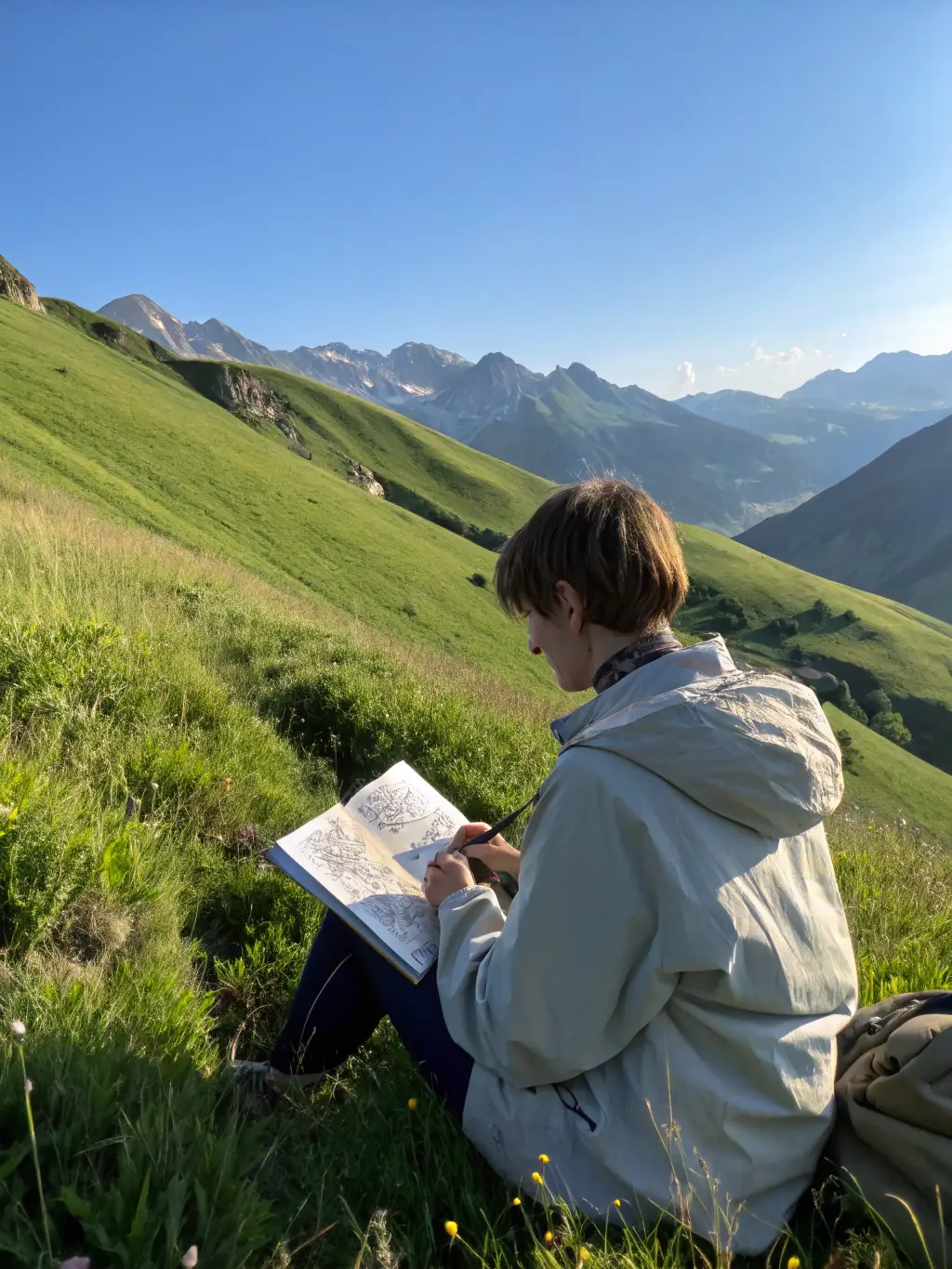 A serene landscape with an artist sketching outdoors during a SAVALAURE residency, capturing the connection between art and nature.
